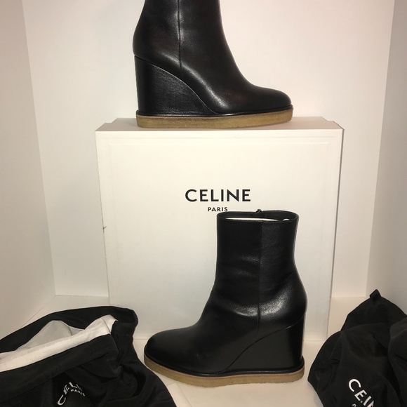 Celine Paris black leather wedge bootie